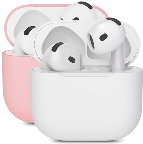 Mocarheri 2 Stück Silikon Hülle Schutzhülle Kompatibel mit AirPods 4 Gen (2024), Ultra-dünnes, Silikon Stoßfeste Weiches Schutzhülle für AirPods 4, Front-LED Sichtbar, weiß/Rosa