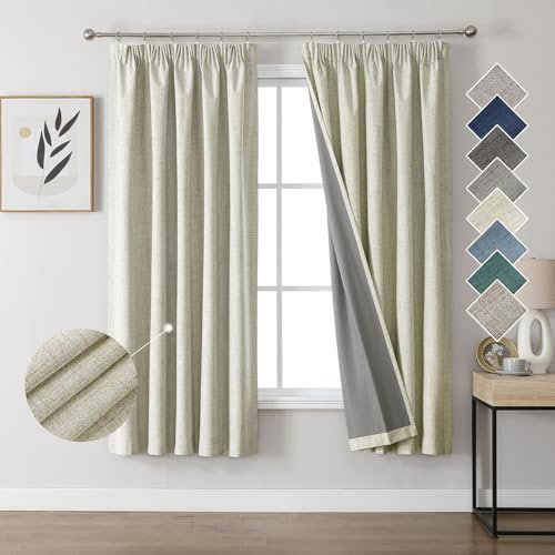 Joydeco 100% Verdunkelungsvorhänge Leinen Gardinen mit Kräuselband 2er Set H160xB132cm Hellbeige, Thermovorhang Kälteschutz Blickdicht Schallschutz Ideal für Wohnzimmer passt zu Schienensystemen