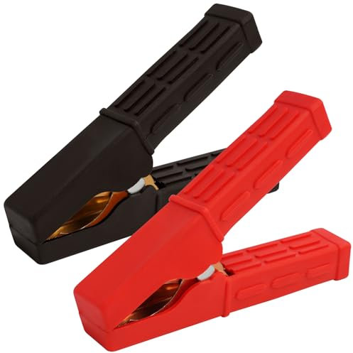 2 Pièce Pinces Crocodile en Cuivre Isolées pour Batterie de Voiture, Camion, Fourgon - Pinces de Démarrage avec Poignées en Caoutchouc, Code Couleur Rouge/Noir pour Tests et Urgences Automobiles 