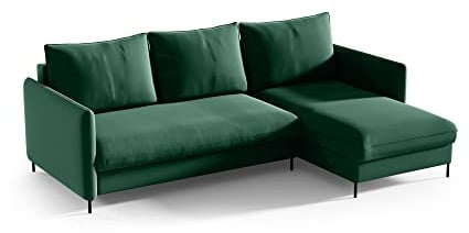 Sofello BELIS Ecksofa mit Schlaffunktion L-förm Liegefläche: 201 x 150 cm Boucle-Velours-Stoff Sofa 3-Sitzer Ecksofa mit Schlaffunktion und Bettkasten (Riviera 38 - grün)