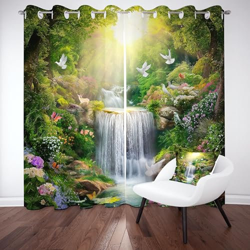Dpvbffx Wasserfall Vorhang Blickdicht Schallschutz, Natur Wald Landschaft Gardinen mit Ösen 2er Set 240x70 cm, Grün Botanisch Blumen Vogel Verdunklungsvorhänge Schlafzimmer, Curtains Living Room