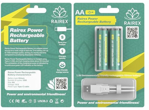RAIREX Batterie Ricaricabili AA 1.5V USB-C | Confezione 2 Pezzi | 1200 Cicli Ricarica | Ricarica Veloce in 20 Min | Indicatore LED | Cavo Incluso | 1650mAh Alta Capacità