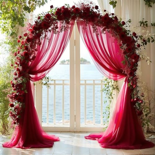 BSTDAYEVER Querbehang Freihanddeko Vorhang Hochzeitsbogen Gardinen Organza | 1.6x8m Weinrot Traubogen Deko Himmelbett Hochzeit Vorhänge Stoff Kulissenvorhänge für Hochzeiten Fotografie Party Zeremonie