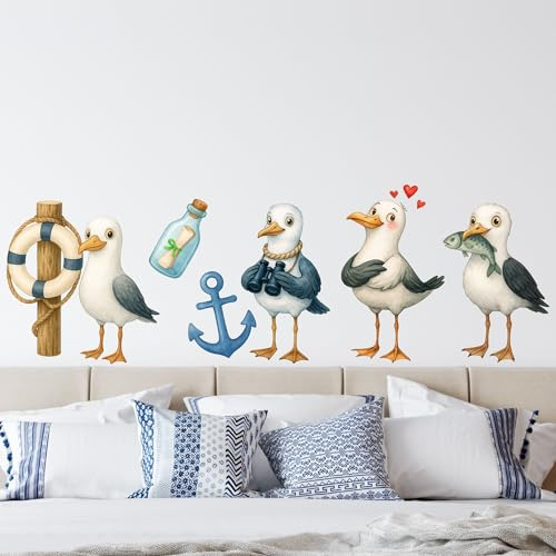 Maritimes Wandtattoo-Set Seemöwen & Accessoires – Vinyl-Wandsticker Möwen Kinderzimmer Deko für Wohnzimmer & Schlafzimmer (Möwen | Set 2)