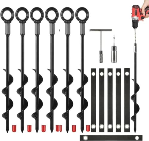 HoldOneLight Heavy Duty Trampoline Anchors Stakes Kit - 15.5 Inch Screw-in Ground Anchors with Adjustable Tie-Down Straps for RV Awning, Swing Set, Canopy, Tent & Dog Tie Outs