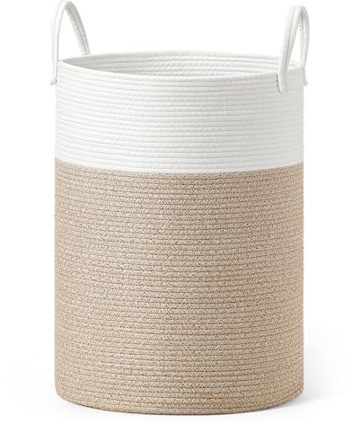 SONGMICS Cesto Portabiancheria, Cesto Biancheria Sporca per Bambini, Corda di Cotone con Manici, per Coperte, Porta Peluche, Camera da Letto, Cameretta, 80 L, Bianco e Marrone Grigiastro RLH062LZ01