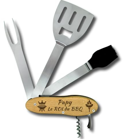 Kit Barbecue 5en1 Personnalisable – Ustensiles Multifonctions Inox & Bois avec Gravure Laser – Cadeau Homme BBQ Unique, Durable et Portable pour Amateurs de Grillades (Papy)