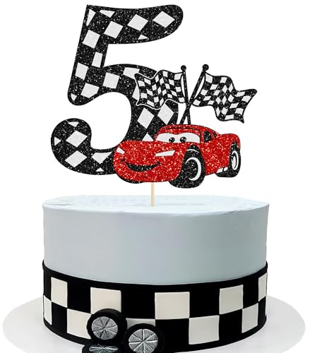 Gyufise 1Pc Race Car 5th Cake Topper Glitter 5th Racing Car Birthday Cake Topper Decoration for Racing Car Checkered Flag Themed Girl Boy 5 Years Birthday Party Supplies