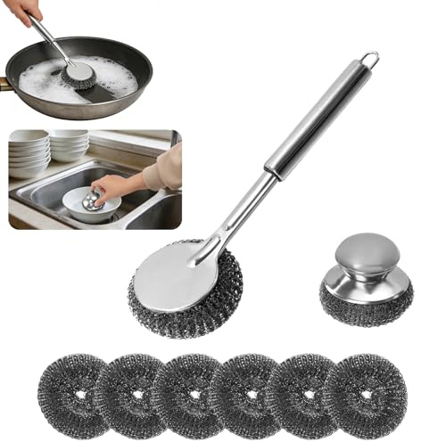 HUOMAQFAN Dish Brush with Hanging Loops, Washing Up Brush for Kitchen | Stainless Steel Scourer with 6 Replacement Wire Pads, Long Handle Steel Wool Scrubber, Metal Scrubber for Pans Grills Sink