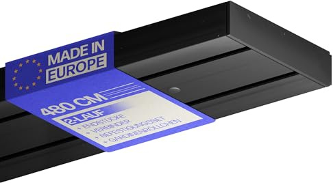 Bestlivings Gardinenschiene 480cm 2-läufig, Schwarz, Set montagefertig | Vorhangschiene mit ruhigem Innenlauf, Stecksystem, vorgebohrte Deckenmontage, formstabiler Kunststoff, kürzbar - Made in EU