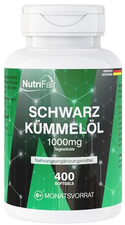 Nutrifair Huile de nigelle 1000mg, 400 gélules, pressée à froid, Nigella sativa originale, dose journalière de 1000mg, hautement dosée, fabrication allemande et testée en laboratoire