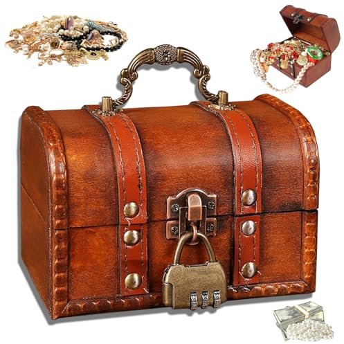 Vintage Holz Schatztruhe Klein, Schatzkiste mit Zahlenschloss, Retro Kleine Holzkisten, Schatztruhe Kinder Lagerung Schmuckkästchen, Mini Holztruhe für Aufbewahrung und Dekoration Orange Farbe