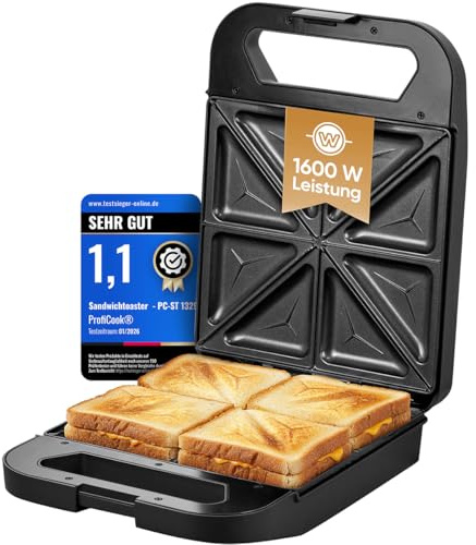 ProfiCook® Sandwichmaker für 4 Sandwiches gleichzeitig | Antihaft-Platten | kein Anbrennen | Sandwich Maker 1600W | Bereitschaftsanzeige | Toaster Sandwichtoaster PC ST 1329