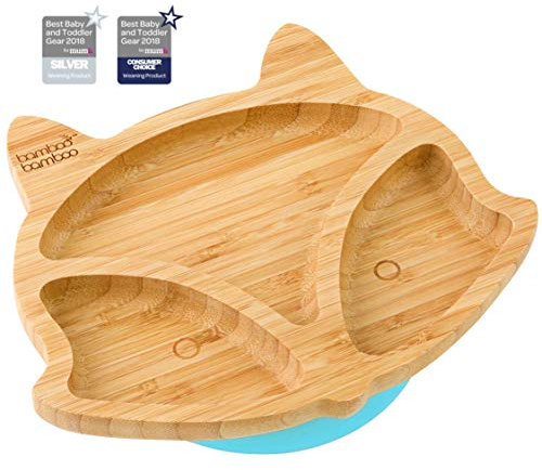 bamboo bamboo Assiette bébé et Assiette enfant, Assiette succion pour Repas et Sevrage, Assiette renard Bambou avec Succion sécurisée, pour Bébés dès 6 Mois (Renard, Blue)