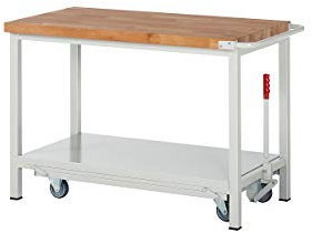 eurokraft | Fahr- und absenkbare Werkbank | Gestellbauweise Serie 8000 | 1 Ablageboden | BxT 1500 x 700 mm