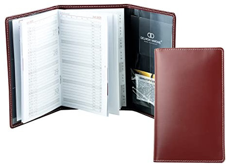 DELMON VARONE - Personalisierbarer Taschenkalender 2025 + 2026 3-teilig Cambridge Top Grain Leder-Hülle rot - Organizer Terminplaner (1 Monat 1 Seite) - Buch-Kalender Monatsübersicht & Adressenheft