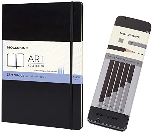 Moleskine Zeichenstift-Set, 5 Bleistifte + Kreativ Notizbücher, Skizzenbuch, A4, 165G Papier, Hard Cover, schwarz
