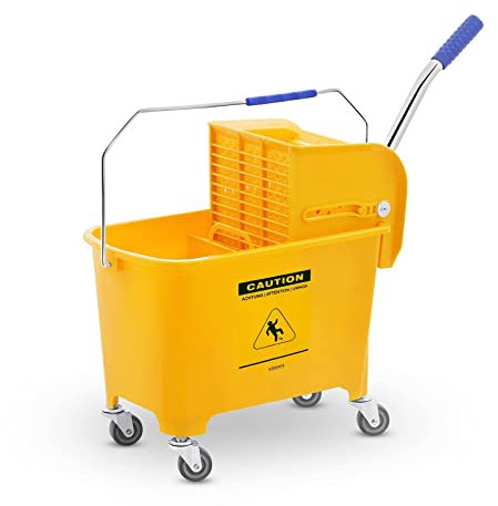 Ulsonix Seau Essoreur À roulettes Chariot De Ménage Lavage Seau Nettoyage UNICLEAN 2 (20 litres, 4 roulettes, Plastique Jaune, Symbole D'Avertissement)