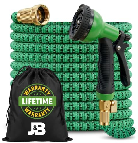 J&B XpandaHose 15,2 m erweiterbarer Gartenschlauch mit Halterung, strapazierfähig, überlegene Stärke 3750D, 4-lagiger Latexkern, extra starke Messinganschlüsse und 10 Sprühdüsen mit