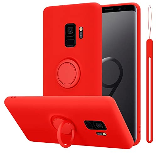 Cadorabo Hülle kompatibel mit Samsung Galaxy S9 Schutzhülle TPU Silikon Case Liquid Design mit Ring Slim Kratzfest Liquidsilikon Microfaser mit Rundumschutz Case Hülle für Galaxy S9 in Rot