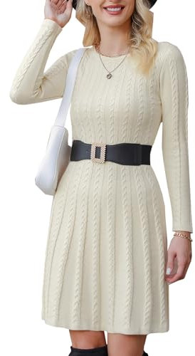 Gyabnw Vestito Casual Donna Invernale in Maglione Abito Vita Alta Elegante in Girocollo di Orlo Svasato Abito Linea A in Maglia al Ginocchio Caldo di Moda Treccia Ritorta, Beige, M