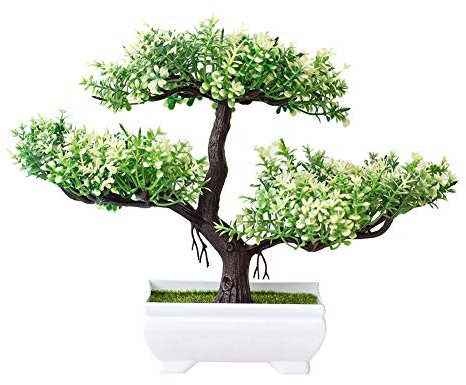 Artificial Flower Pine Tree Plant in Pot Faux Bonsai Flower with Vase Potted Fake Plants Artificial Plastic Plants for Wedding Party Garden Home Office Desk Room Decoration Indoor Outdoor White