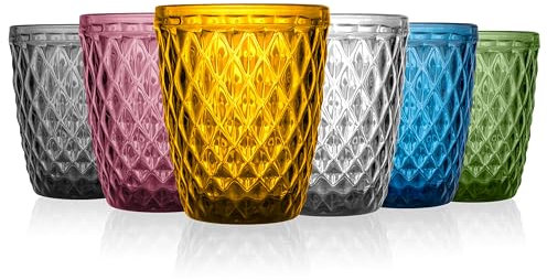 Norqvist Trinkgläser Set bunt - Gläser Set - Wassergläser farbig, Saftgläser - 6er Set 250 ml - Spülmaschinengeeignet - Stapelbar - Modernes Design mit Diamant Muster