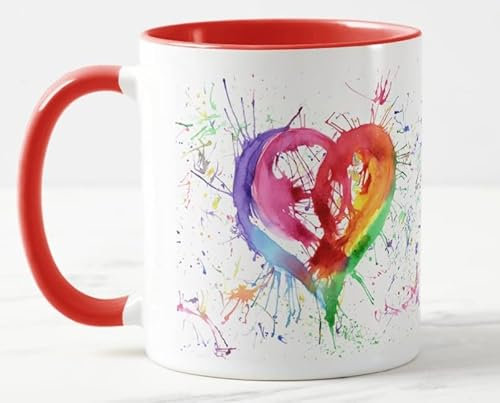 Vixar Heart Watercolour Art Coloured Mug Cup Gift Birthday Work Office Christmas Tea Coffee (Red)