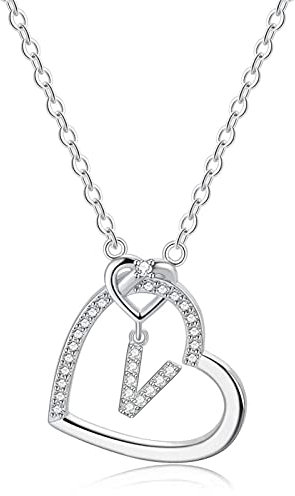LIHELEI Damen Halskette Herz Buchstabe 925 Silber Kette Damen Personalisiere Kette, Geburtstags und Weihnachten Geschenk Für Frauen Mädchen Mama Freundin - V