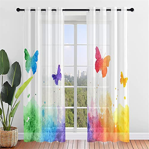 Hiseng Schmetterling Voile Vorhänge mit Ösen Durchsichtig Halbtransparent Ösenvorhang für Fenster Wohnzimmer Schlafzimmer Moderne Elegante Transparent Gardine 2er Set (140x244cm,Buntes Graffiti)