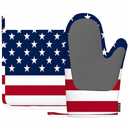 Mxocom Silikon-Ofenhandschuhe und Topflappen mit amerikanischer Flagge, Unabhängigkeitstag, republikanische Feier, Demokratie, Nation, Streifen, Grillhandschuhe für Küche, Kochen, Backen, Grillen