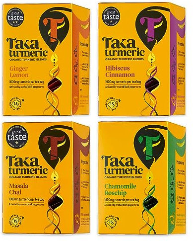 Taka Turmeric, 4 Pack (60 Teabags) Variety Pack with Turmeric, Herbal Tea, No Added Flavourings, Selection of Ginger Lemon, Masala Chai, Hibiscus Cinnamon, Chamomile Rosehip