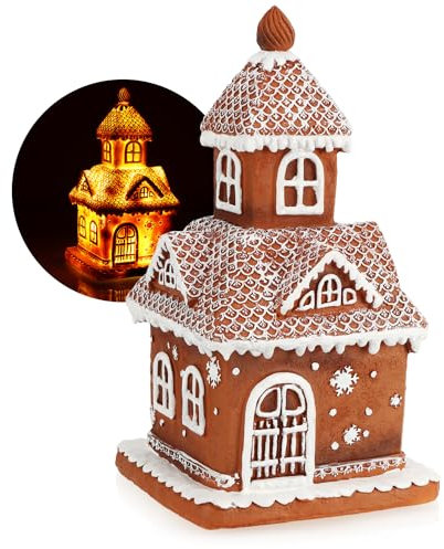 com-four® Lichthaus in Lebkuchen-Optik 25 cm - Lebkuchenhaus mit Beleuchtung - Weihnachtsdekoration mit zeitgesteuerter Beleuchtung - Weihnachtsdekoration (1x Lebkuchen Kirche)