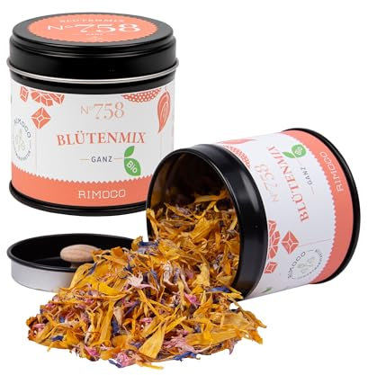 Rimoco Bio Blütenmix 5g Dose - Essbare Blüten in blau, pink & gelb für Salate, Desserts & mehr - 100% Bio, Visuelles Highlight & Geschmacksexplosion!