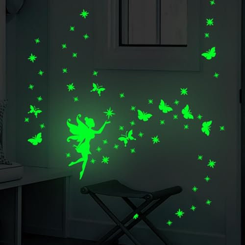 Leuchtendes Wandtattoo Kinderzimmer Fairy, Wandtattoo Schmetterlinge Feen Leuchtend Fluoreszierend Wandsticker für Kinder Mädchen Babyzimmer Dekoration pour Bébé-Décoration Miroir