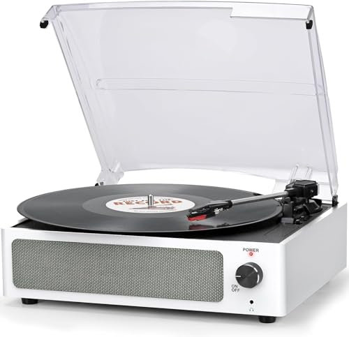Trynnay Tocadiscos con altavoz, tocadiscos de vinilo, fonógrafo inalámbrico LP con altavoces estéreo integrados, accionamiento por correa de 3 velocidades, tocadiscos con altavoces, color blanco retro