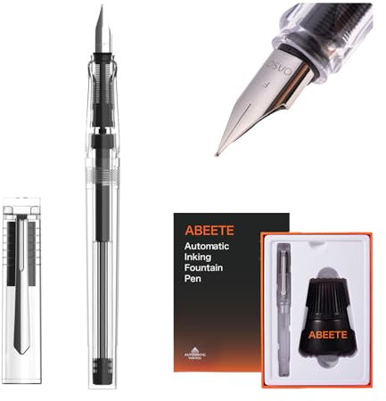 ABEETE Self-Inking Fountain Pen Set, Auto Ink Refill No Ink Cartridges or Converter Needed, Includes Black Bottled Ink, Clear Barrel, Chrome Trim, Fine Nib-Smooth Writing, Journaling, Calligraphy