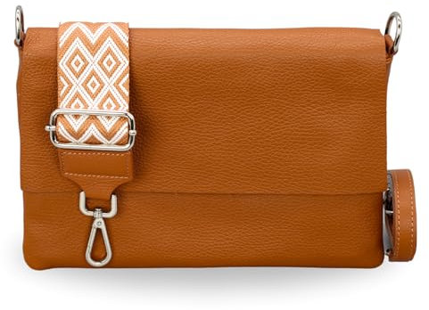BRISE Umhängetasche Damen Echtes Leder ELISA Handgemachte Handtasche Kleine Schlanke Tasche 3 Fächer Crossbody Bag mit Ledergurt + Optionalen Breiten Gemusterten Riemen Made in Italy (Cognac Braun-3)