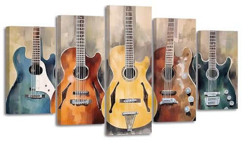 ZXHYWYM Gitarren Leinwandbilder 5 Teilig bunte blaugrüne Gitarrenbilddrucke Gemälde mit musikalischem Thema abstrakte Musik Kunstwerke Wanddekoration Gerahmt (Bild-2, (100.00 x 55.00 cms))
