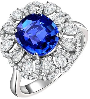Wycian Hochzeitsring Damen, Ring Weißgold Damen 18 Karat AU750 Blume Lab Saphir 2.35CT Blau Ovalschliff VVS mit 102 Diamant 0.865CT G-H Größe 60 (19.1)