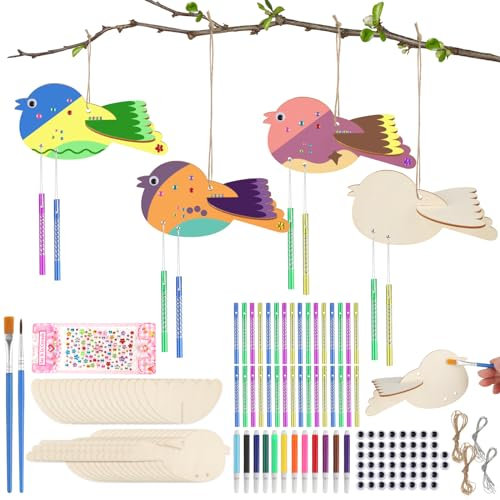 16 Stück Vogel Windspiel Bastelset Kinder, 3D DIY Holzanhänger Bastelset Kinder ab 3 4 5 6 jahre, Holz zum Bemalen, Holz Windspiel Bastelset für Frühling, Basteln Holz Kindergeburtstag Geschenke