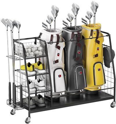 Golf Bag Storage Rack for Garage - Triple Golf Bag Organizer -with Lockable Wheels - Golf Organizer for Golf Accessories - Ideal Golf Gifts for Men - Easy to Assemble