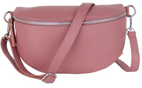 MIRROSI® Bauchtasche Damen, Made in Italy, Echtleder Umhängetasche Echtes Leder, Brusttasche, Crossbody Bag aus Echtem Leder, in 3 Größen erhältlich (Altrosa Silberner Reißverschluss) (Gr.L)