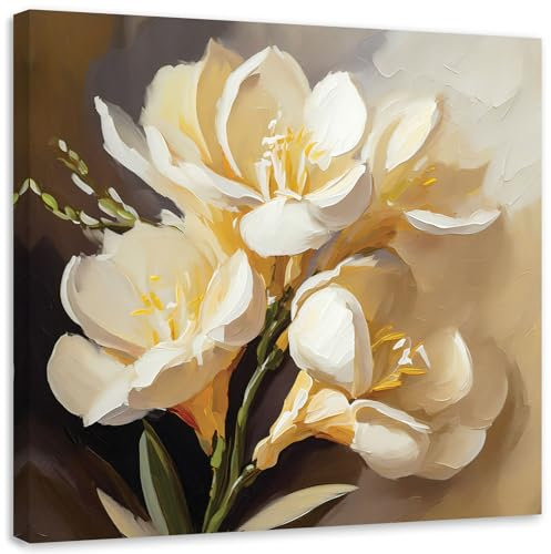 Feeby - Vlies - Leinwand Bilder - Creme Pfingstrosen Gemalt - 50x50 cm - Deko Wohnzimmer - Wandbilder Schlafzimmer - Deko Aesthetic - Wand Deko - Leinwand Groß - Deko Zimmer - Leinwandbilder XXL