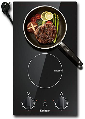 Plaque Induction 2 Feux avec Prise, Karinear Table de Cuisson Induction 2 Feux Encastrable, Plaque à Induction 30 cm, avec Commande par bouton rotatif, 220V-240V, 3500W