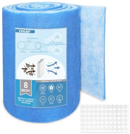VVFLED Cut to Size Air Filters, 12 x 90 Floor Vent Filters for Home, MERV 8 Electrostatic Air Filter Roll for Wall HVAC Furnace Vents with 66Pcs Adhesive Hooks