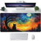 Tapis de souris XXL, motif chat noir sous la lune, grand tapis de souris de jeu, ciel nocturne boréal, sous-main pour clavier d'ordinateur étendu, base antidérapante et bords cousus 89,9 x 40 cm