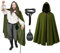 CNVAUIE Renaissance - Manteau à capuche Snapback - Costume médiéval pour homme - Manteau de sorcière avec capuche - Costume - Avec sac banane vintage noir et ceinture (vert)