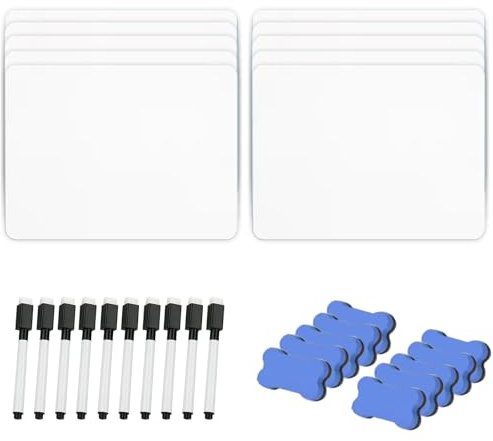 10 Pack Dry Erase Mini Whiteboard, 21 x 30 cm Double-Sided Mini Whiteboards | with 10 Pens and 10 Erasers, White Boards for Classroom, Home, and Office