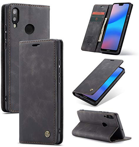 Cracedily Cover per Huawei P20 Lite Case, Custodia Cover Pelle Premium Portafoglio con Porta Carte Magnetica Supporto Protezione Flip Case Custodia per Huawei P20 Lite, Nero